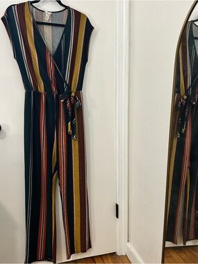 CAUTION TO THE WIND Anthro Striped Wrap Jumpsuit Belt Medium Retro Festival 70s
